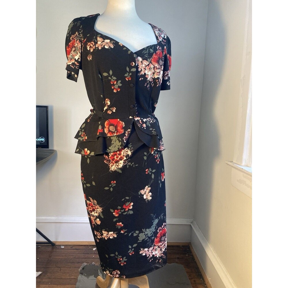 Stop Staring! Black Floral Wiggle Dress w/ Peplum Retro Size XL Rockabilly